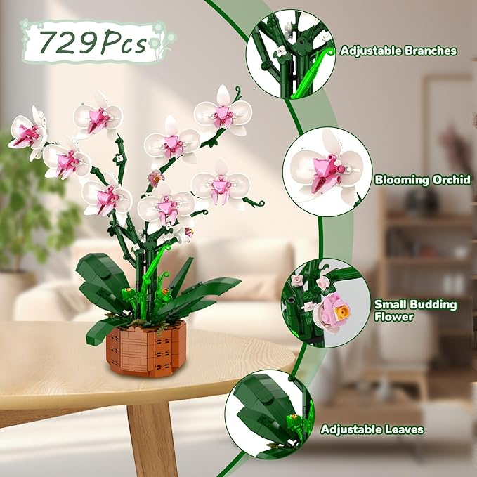 Orchid Building Blocks Set with LED Light – DIY Artificial Flower Kit for Home Decoration, for Adults and Kids 6-14,Ideal for Christmas,Birthdays,and Special Occasions,729-Piece