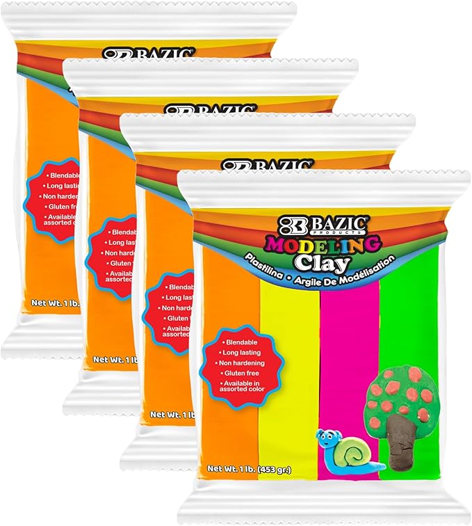 BAZIC Modeling Clay Neon Color 1 LB, Modeling Dough Non Toxic Gift for Artist Kids, Bulk for Classroom, 4-Pack