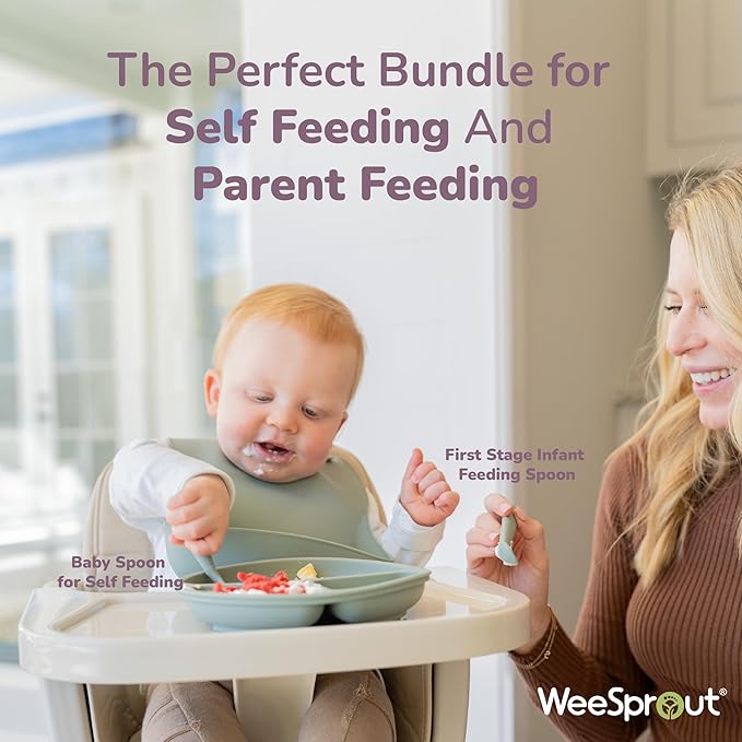 WeeSprout Baby Led Weaning Bundle, Silicone Suction Bowl, Spoons, Bib & Cup, Develops Self Feeding Skills, Dishwasher Safe (Purple)
