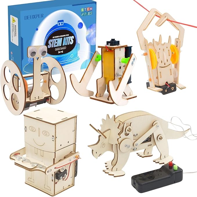 DEUXPER 5 Sets of Robot STEM Toys for Kids, Wood Craft Kit for Boys Age 8-12, DIY Science Building Projects for 6-8, 3D Puzzles Assembly Models, Gift for Children Age 6 7 8 9 10 11 12 14