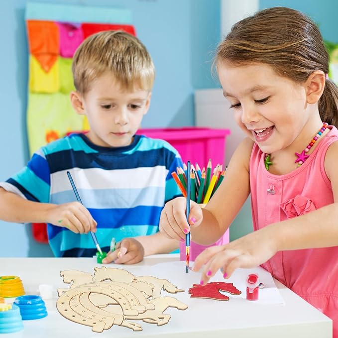 Fennoral 30 Pack Wooden Horse Craft for Kids Unfinished Wooden Cutouts Horse Horseshoes for Girls Boys Paint You Own Horse Dream Catcher Craft for Kids DIY Art Activity Party Favors Decoration