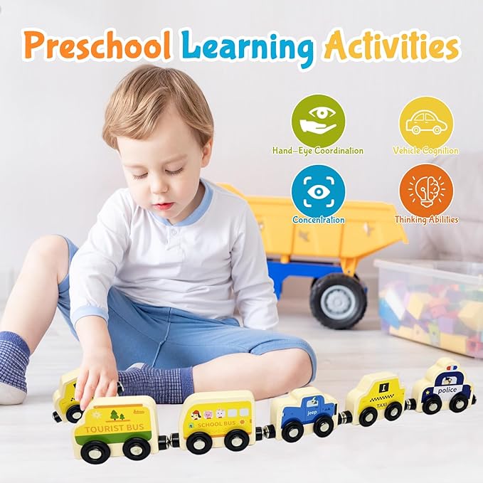 Montessori Toys for Toddler Age 1-3, Toddler Toy Wooden Magnetic Traffic Train Set with Playmat/Storage Bag for Baby Boy, Birthday for 1 2 3 Years Old Boys & Girls