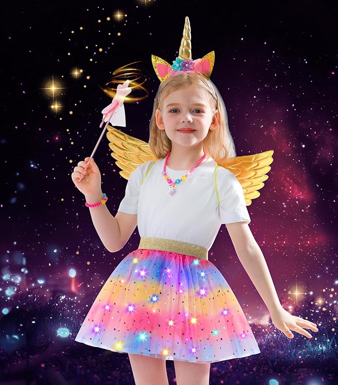 Jeowoqao Girls Dress Up with LED Light, Princess Dress Pretend Play Costumes, Toddler Girls Dress up Set Tutu Skirts, Wings, Princess Shoes Toys Gift for Girls 3 4 5 6 Years