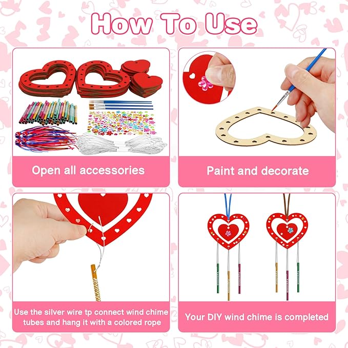 Fennoral 27 Pack Heart Wind Chime Kit for Kids Make You Own Red Heart Wind Chimes Valentine's Day Wooden Ornaments for Kids Art and Craft Valentine's Day Gifts Party Decoration