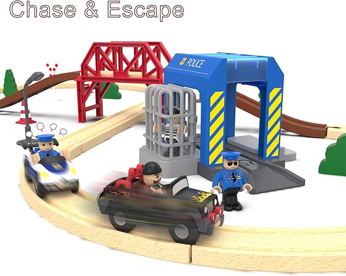 Wooden Train Set for Toddlers, 52Pcs Train Toy with Railway Track for Kids, Wooden Train Tracks Include Expansion Pack Compatible with Thomas, Brio, Chuggington