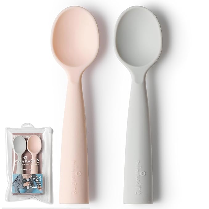 Miniware Silicone Baby Spoon for Training - BPA Free Baby Utensils - Baby Spoons Self Feeding 6 Months | 100% Food Grade Silicone - Modern & Dishwasher Safe Toddler Spoons (Grey and Peach)