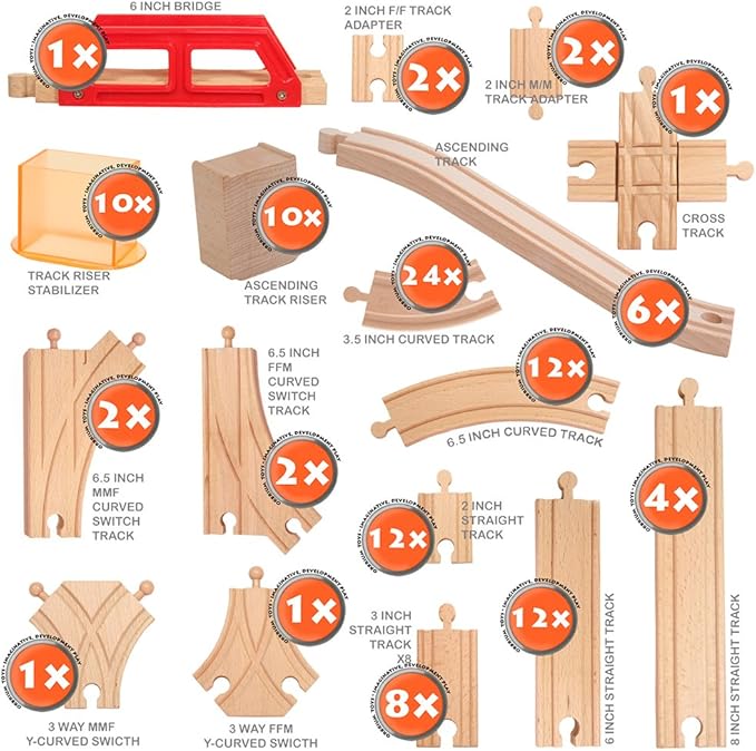 Orbrium Toys 110 Pcs Wooden Train Track Expansion Pack Compatible with Thomas Wooden Train, Brio, Thomas The Tank Engine