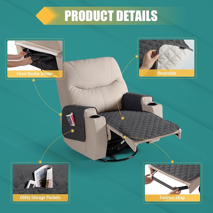 Ruaozz Waterproof Recliner Chair Covers Non Slip Chair Covers Washable Recliner Covers for Reclining Chair with Pockets Covers for Recliner Chair for Pets, Kids (Charcoal Grey, Medium-25'')