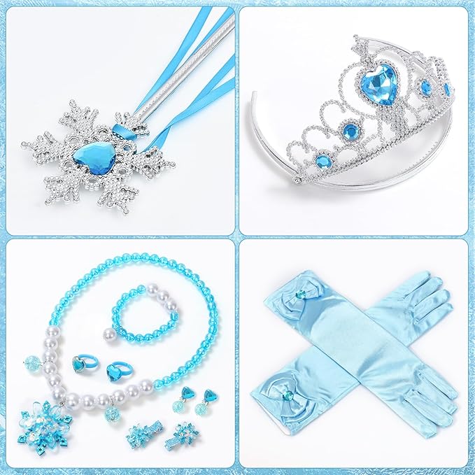 Latocos 13Pcs Elsa Dress Costume for Girls 3-10 Princess Dress Up Clothes for Girls with Accessories Halloween Party