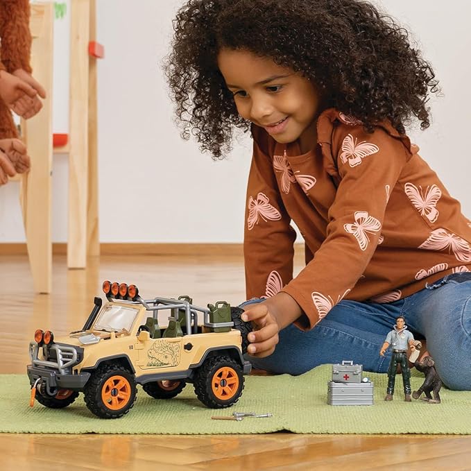 Schleich Wild Life Realistic Chimpanzee, Jeep Truck, and Ranger Figurine 16pc Playset - Wild Adventure Jeep Truck with Chimp, Ranger, and Accessories, Durable for Boys and Girls, Gift for Kids Ages 3+