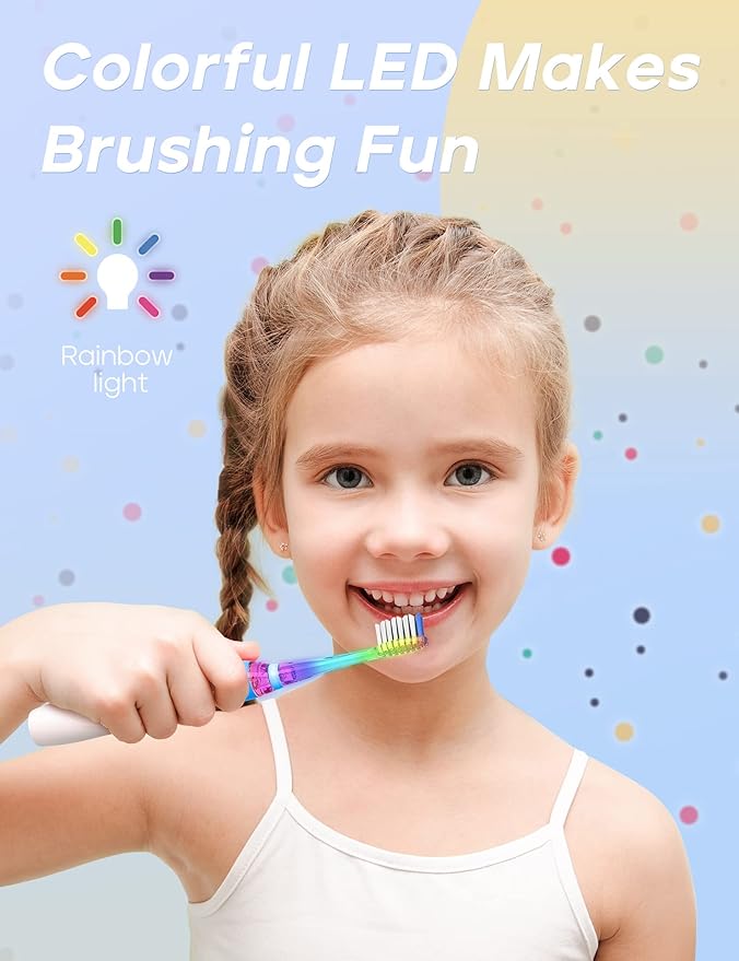 SEAGO Kids Electric Toothbrush with 2 Mins Brushing Timer and 4 Replacement Bursh Heads, Rainbow LED Light Make Brushing Fun, Blue Color Boys Battery Powerd Toothbrush for 4-12 Years Old，SG-977