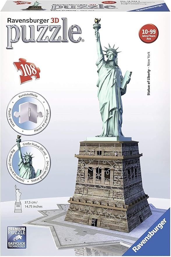 Ravensburger Statue of Liberty 108 Piece 3D Jigsaw Puzzle for Kids and Adults - Easy Click Technology Means Pieces Fit Together Perfectly, Blue