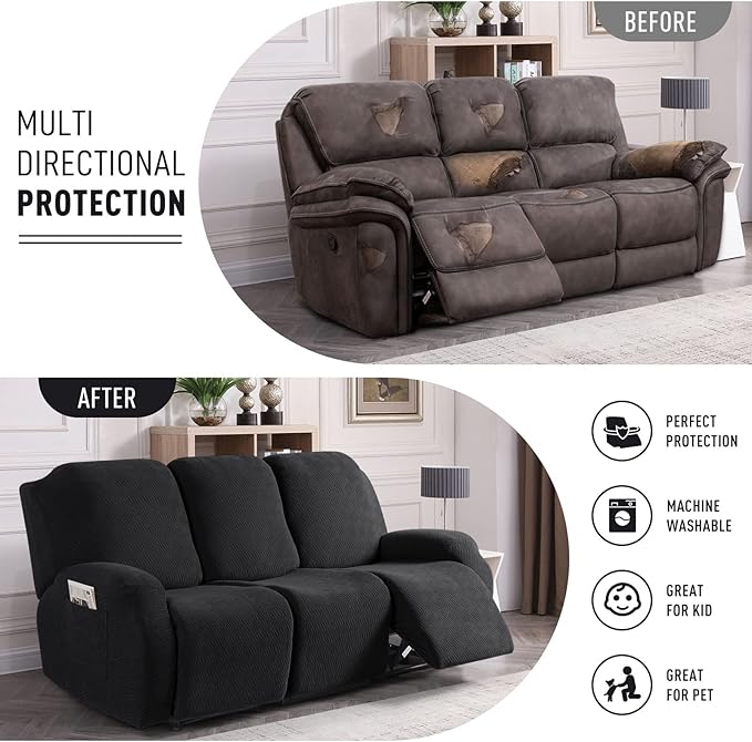 KinCam Recliner Covers, Stretch Reclining Chair Covers, Recliner Sofa Slipcovers Stripe Jacquard Recliner Couch Covers Furniture Protector Covers for Pet Kid (3 Seater, Black)