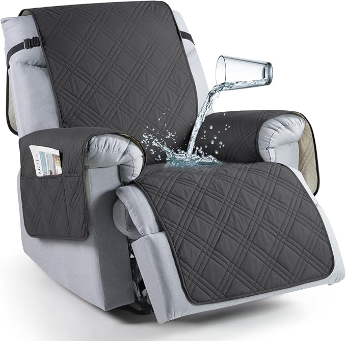 TAOCOCO 100% Waterproof Recliner Chair Cover Stay in Place, Recliner Covers for Small Recliner Chair with Pocket, Reclining Chair Cover Furniture Protector for Kids, Pets(X-Small Chair, Charcoal Gray)