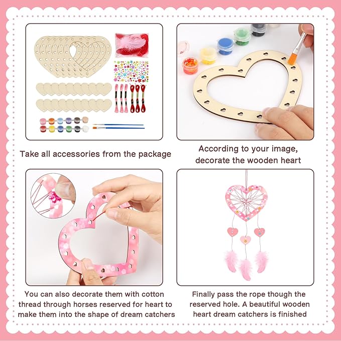 Fennoral 6 Pack Heart Dream Catcher Craft Kit for Kids Paint You Own Love Heart Dream Catcher DIY Coloring Mother's Day Wooden Art and Craft for Art Activity Project Valentine's Day Decoration