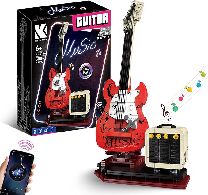 Guitar Music Interactive Building Set for Music Lovers, DIY Guitar Model Toy Compatible with Lego，Reverb Amplifier & Authentic Accessories, Perfect Way to Rock Gift Giving.