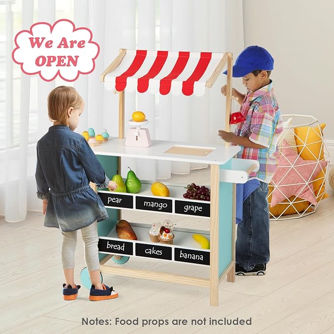 FUTADA Kids Grocery Store Prend Play Cart, Wooden Toy Shop with Ice Cream Toy, Scales, Bell, Chalkboards, Canopy, Wheels, Ice Cream Truck Toys for Kids, Gift for Boys Girls Ages 3+ (Red)