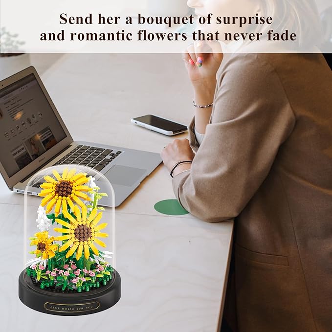 Sunflower Flower Bouquet Set,Mini Bricks Botanical Collection Flowers Building Blocks,Assembly Bonsai Tree Friends Sets, Valentine's Anniversaries Birthday Gift for Women Friends Adults