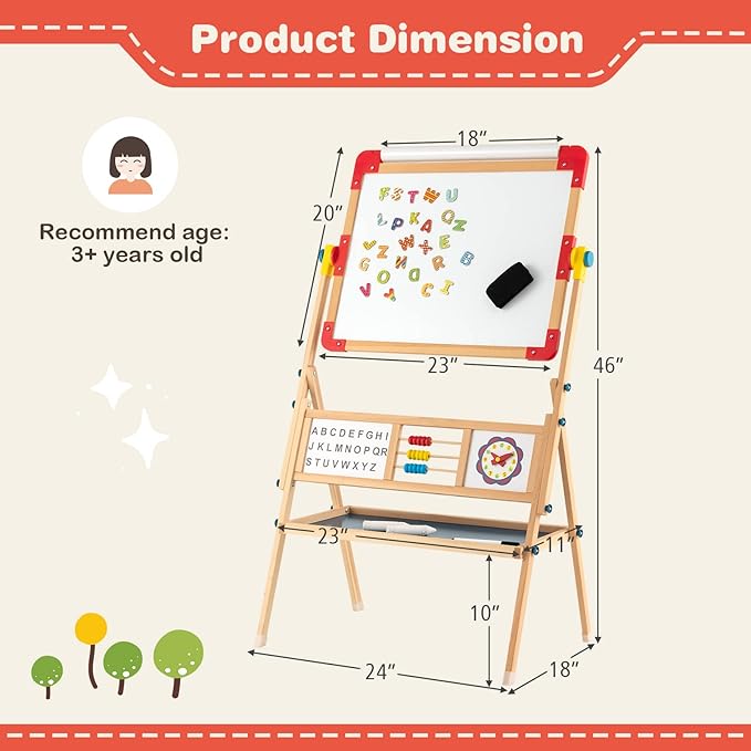Costzon 3 in 1 Kids Art Easel, 360°Rotating Double-Sided Wood Easel w/Magnetic Whiteboard, Chalkboard & Paper Roll, Large Storage Tray, Alphabet Abacus, Standing Drawing Board for Toddlers Boys Girls