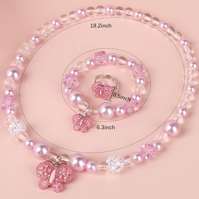 Butterfly Jewelry Set, Kids Butterfly Jewelry for Girls Included Necklace Bracelet Ring, Stretchy Toddler Play Jewelry Cute Toddlers Butterfly Pendant,Pretend Dress up Jewelry