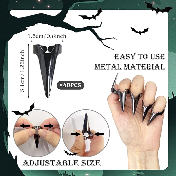XIPEGPA 40 Pieces Full Finger Set Claws Rings Vintage Nails Metal Ring Finger Claws Cosplay Gothic Talon Nail Fingertip Claw for Cosplay Nail Art Holiday Party