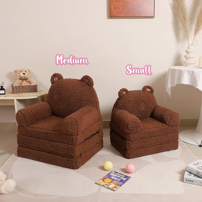 Foldable Kids Sofa, Sherpa Teddy Bear Toddler Couch with Tri Folding Foam Cushions, Comfy Kids Couch for Kids Age 3-6