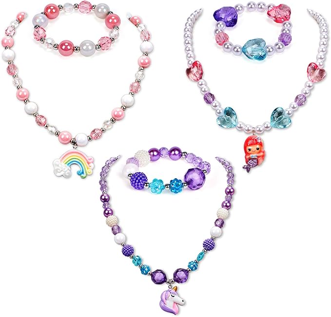 G.C 3 Sets Girl Princess Necklace Bracelet with Colorful Unicorn Mermaid Rainbow Pendant Kids Stretchy Chunky Costume Jewelry Gift Party Favors Dress up Jewelry for Little Girl Toddler(with Gift Box) (A)