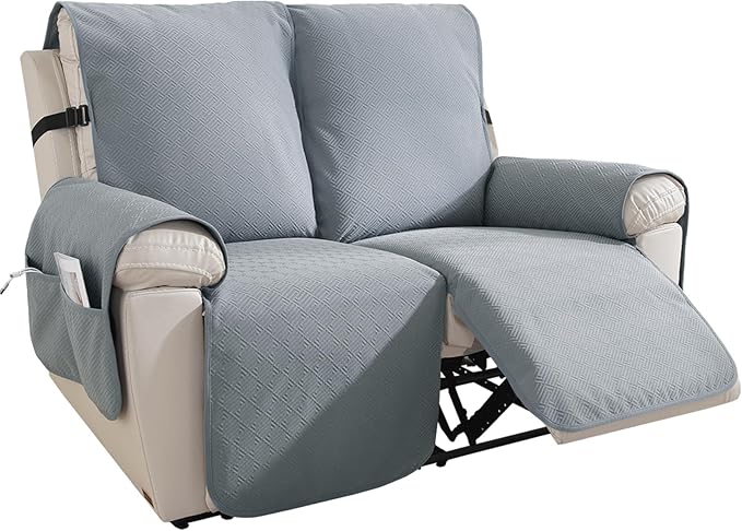 Easehomey Water Resistant Loveseat Recliner Cover Non Slip Sofa Cover for Reclining Sofa 2 Seat, Recliner Couch Cover Furniture Protector for Kids Pets with Elastic Band Pocket (Light Grey, 2 Seater)