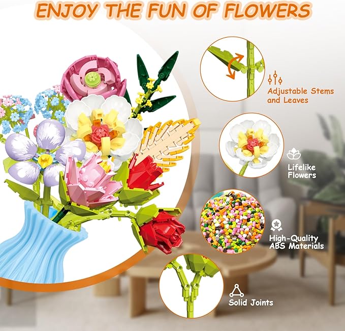 Flowers Bouquet Building Set with Vase, 8 Kinds Artificial Flowers Bouquet Set for Adults, Women, Girls, Idea Gifts for Mother's Day, Birthdays, DIY Unique Decoration for Home Room, 691PCS