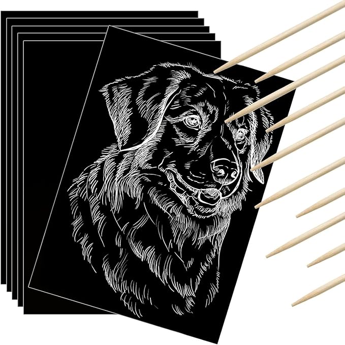 Gersoniel 25 Pieces Scratch Paper Art Set Craft Kits Black Coated Scratchboard Black Scratch Off Paper with Wooden Stylus for Valentine's Day Gifts Birthday Party Supplies