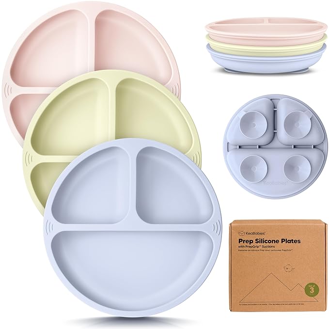 KeaBabies Suction Plates for Baby, Toddler - 3-Pack 100% Silicone Toddler Plates, Divided Baby Plates with Suction, Silicone Plates for Baby, Kids, BPA-Free, Microwave, Dishwasher Safe (Rain)