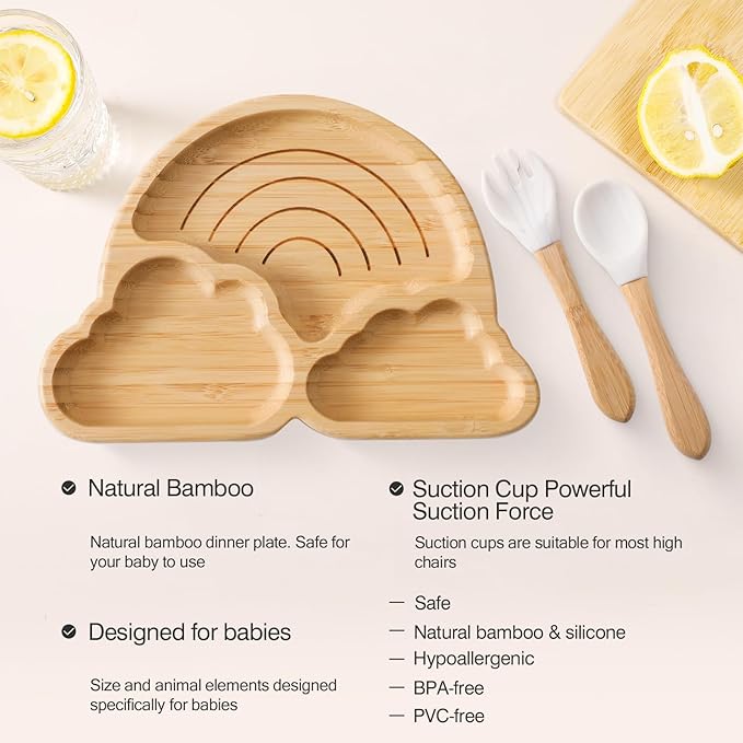 Bamboo Suction Plate for Baby Kid Toddler Plate Spoon Fork Set with Removable Silicone Suction All-Natural Baby Feeding Set for Baby-Led Weaning Fits Feeding High Chair Table