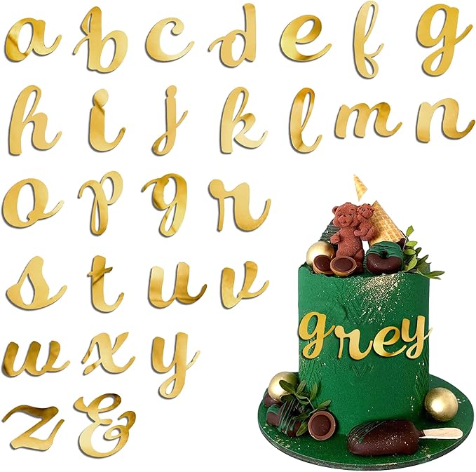 Acrylic Alphabet Cake Topper DIY Personalized Name Cupcake Toppers with A-Z Letter Mirrored Gold Picks for Custom Wedding Cake Decorations Baby Shower Happy Birthday Party Supplies (Lowercase)