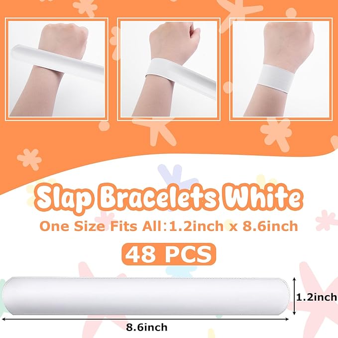 LovesTown 48PCS Slap Bracelets White, Party Slap Bracelets DIY Wrist Bands Bulk Blank Snap Band for Kids Birthday Party Favors School Crafts
