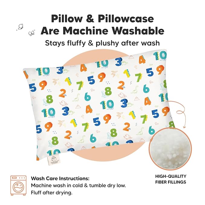 Toddler Pillow with Pillowcase - 13x18 My Little Dreamy Pillow, Organic Cotton Toddler Pillows for Sleeping, Kids Pillow, Travel Pillows, Mini Pillow, Nursery Pillow, Toddler Bed Pillow (Dino123)