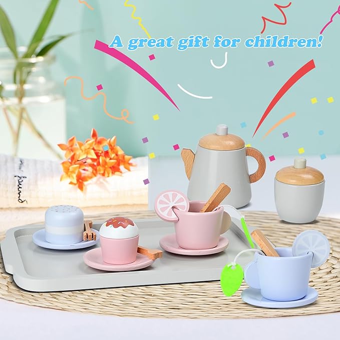 Two Color Design Toy Tea Party Set for Toddler Girls, Wooden Toy Tea Set, Toddler Play Food for 3-5-7 Years Girls and Boys…