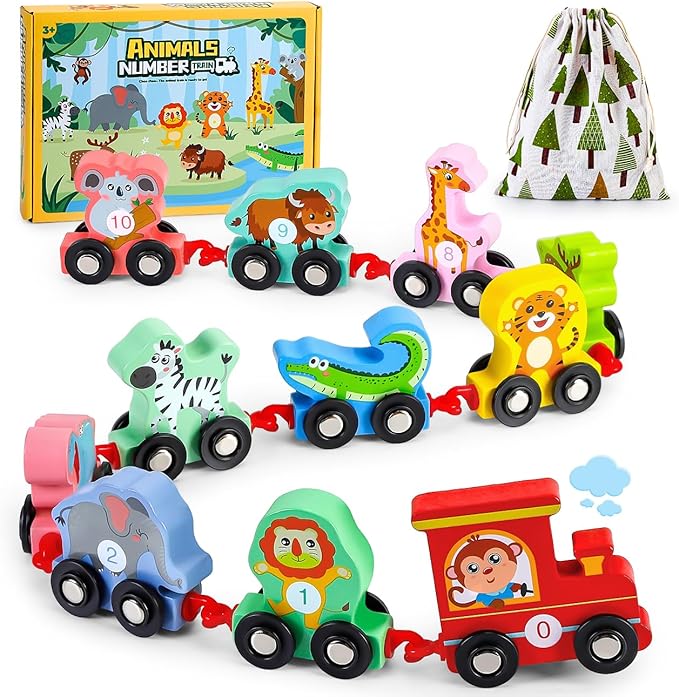 Toddler Toys for 2-3 Year Old Boy, Wooden Animal Train Set, Montessori Toys for 2 3 Year Old Boy Christmas Birthday Gifts, Learning Toys for Toddlers 2-4 Years Girl Toys Age 2 3