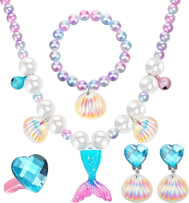 Jadive Mermaid Jewelry for Girls, Kids Mermaid Necklace Bracelet Ring Earrings Set Jewelry Gifts for Kids Toddler Pretend Play Christmas Dress up Party Decorations