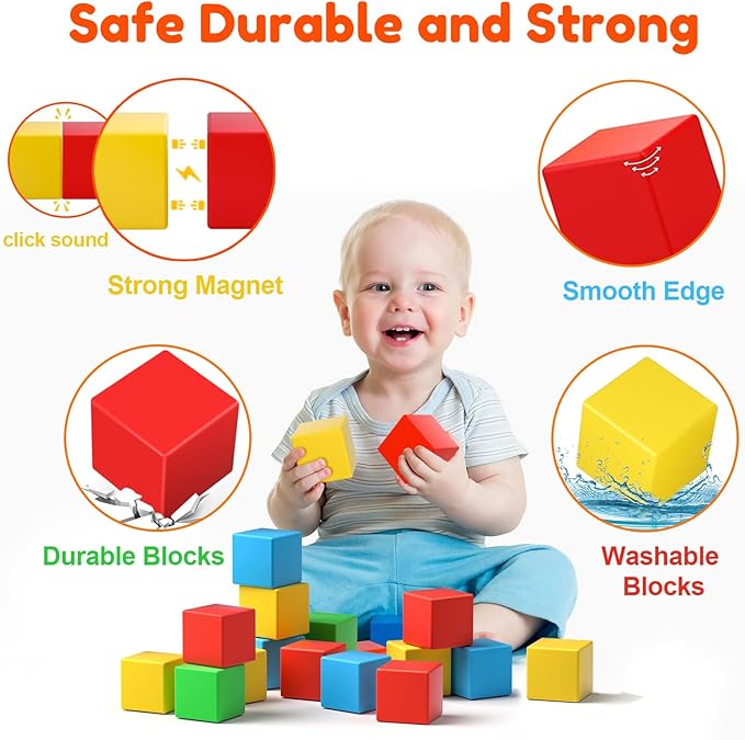 Magnetic Blocks,1.42 inch 32pcs Large Magnetic Building Block for Toddlers 3 4 5 6 7 8 Year Old Boys Girls Color Magnetic Cubes Learning Toys for Kids 1-3 Sensory Toys Age 4-8 Gift