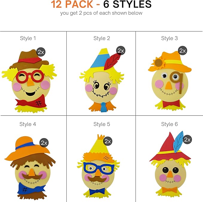 4E's Novelty Scarecrow Fall Crafts for Kids (12 Pack) Foam Self Adhesive, Crafts for Kids Bulk with Magnet, Halloween, Thanksgiving DIY Party Favors Activity for Ages 3-12