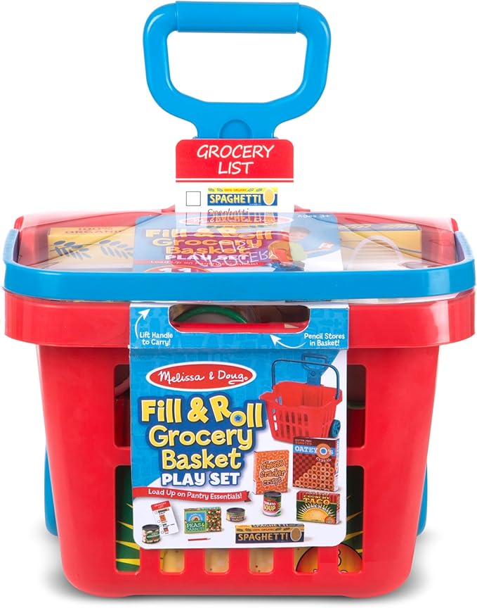 Melissa & Doug Fill and Roll Grocery Basket Play Set With Play Food Boxes and Cans (11 pcs), Frustration-Free Packaging)