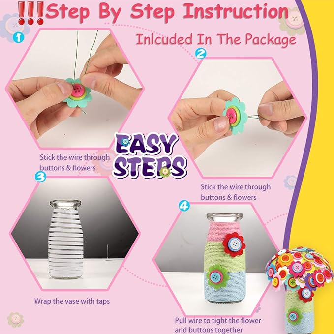 YOFUN Flower Craft Kit for Kids - Make Your Own Flower Bouquet with Buttons and Felt Flowers, Vase Art Toy & Craft Project for Children, DIY Activity Gift for Boys & Girls Age 4 5 6 7 8 9 Year Old