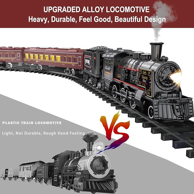 Electric Train Sets for Boys Girls Metal Alloy Christmas Trains Toys Steam Locomotive, Passenger Carriages, Tracks, Light & Sounds Rechargeable Birthday Gifts for Kids 3 4 5 6 7 8 + Years Old Red …