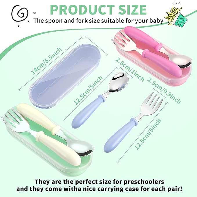 9 Pieces Toddler Utensils Stainless Steel Fork and Spoon Safe Baby Silverware Set, Kid Safe Utensils Children's Flatware Kids Cutlery Set with Round Handle for LunchBox (White, Rose Red, Blue)