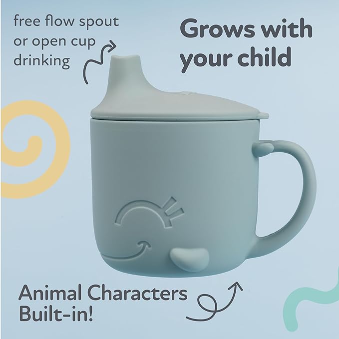 Nuby Animal Friends Silicone Sippy Cup - Toddler Cup with One-Handle - 6+ months - Blue Whale