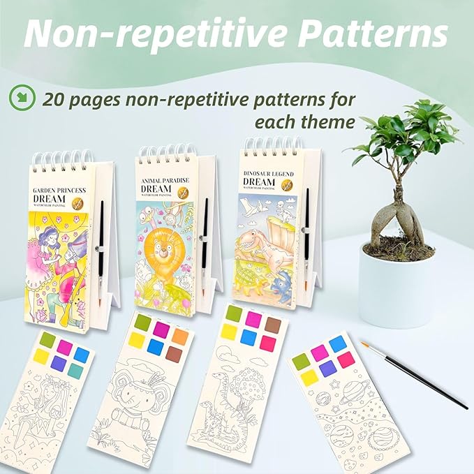 Watercolor Painting Book for Kids Ages 3-5, Water Painting Easel Book Comes with Brush,Toddler Painting Activities Ages 2-4, Art Craft Gift for Drawing (Dinosaur)