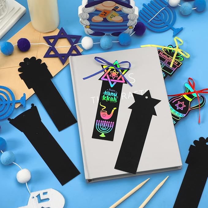 AUGSUN 96Pcs Hanukkah Crafts for Kids, Chanukah Magic Rainbow Scratch Art Bookmarks Hanukkah Gifts for Kids Home Classroom Activities Hanukkah Decorations Party Favors Games Hanging Ornaments