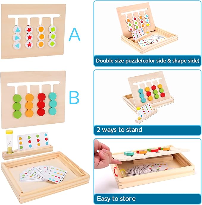 Montessori Learning Toys Slide Puzzle Color & Shape Matching Brain Teasers Logic Game Preschool Educational Wooden Toys for Kids Boys Girls Age 3 4 5 6 7 Years Old Airplane Travel Toys Birthday Gifts