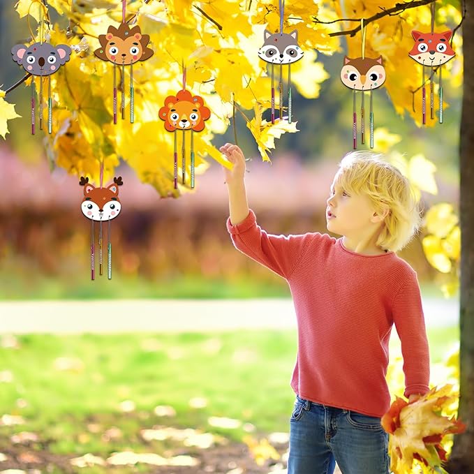 Fennoral 9 Pack Fall Wind Chime Kit for Kids Make You Own Fall Animals Wind Chime DIY Coloring Fall Craft Wooden Hanging Ornaments Outdoor Activity Autumn Thanksgiving Party Decorations