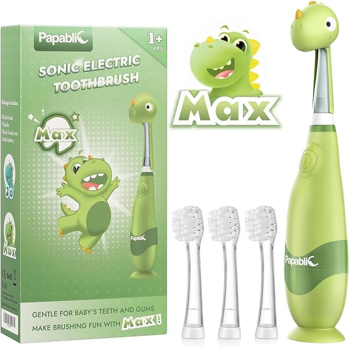 Papablic Toddler Sonic Electric Toothbrush for Ages 1-3 Years, Baby Electric Toothbrush with Cute Dino Cover and Smart LED Timer, 4 Brush Heads (Max)
